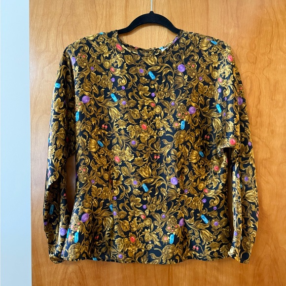 Tess Tops - Vintage Tess Blouse Multicolor Jewels All-Over Print Shirt Button Up Back Size 6